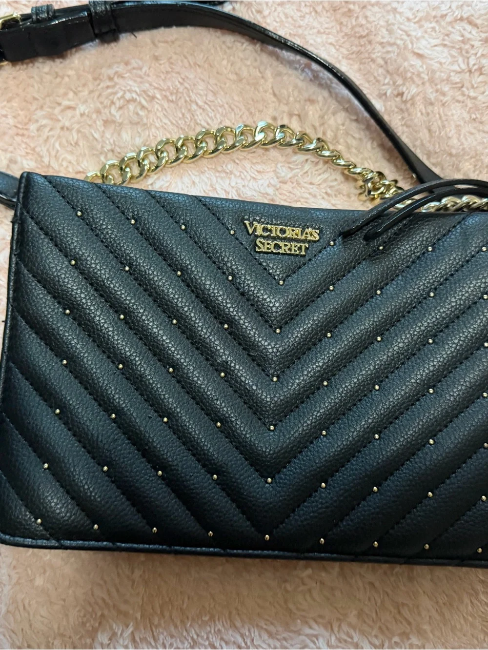 Victoria's Secret Black Quilted Crossbody with Gold Chain & Studs